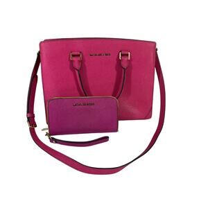 Michael Kors Pink Saffiano Leather Tote Bag & Wallet Set – Gold, Crossbody Strap